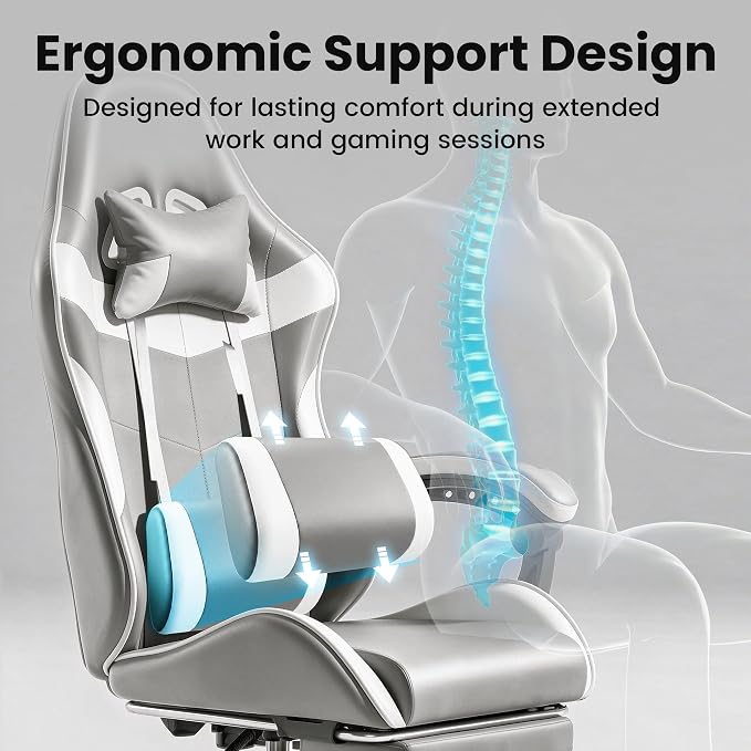Gaming Chair, Ergonomic Footrest, Lumbar & Headrest(Grey White) | Steel frame, PVC leather & memory foam; 330 lb; 21" seat; 360° swivel, 90–155° recline; easy assembly; gaming & work - Image 5