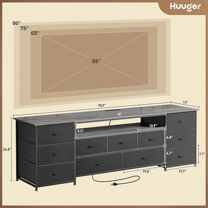 Huuger 70 Inch TV Stand for 75, 80 Inch TV, 11 Drawer Long Dresser with Power Outlets and LED Lights, Entertainment Center with Storage, Grey Dresser with PU Leather Surface - Image 3