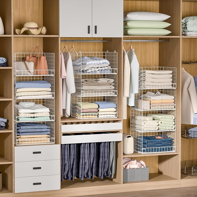 Yociyoga 4-Tier Stackable Closet Organizers and Storage Basket, Foldable Closet Shelf Organizer System, Space-Saving Clothes Storage Drawer Organizer for Wardrobe, White (Patent 30022416) - Image 5