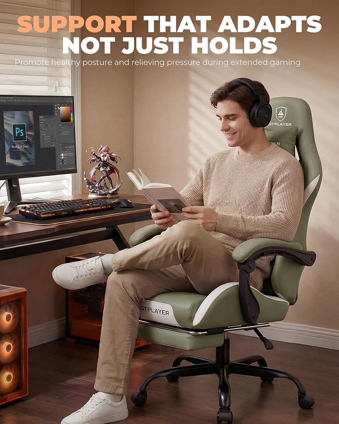 GTPLAYER Gaming Chair with Foot Rest & Pocket Spring Cushion, Ergonomic High Back Computer Desk Chair with Headrest & Lumbar Support for Back Pain Relief, Breathable Fabric, Green - Image 6
