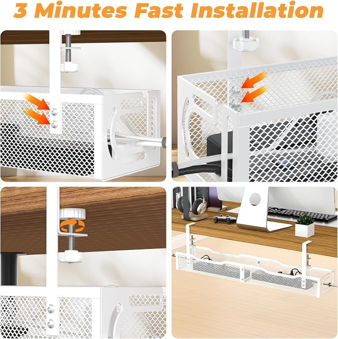 Under Desk Cable Management Tray, No Drill Steel Desk Cable Organizers, Wire Management Tray Cable Management Rack (24.4" Length-White) - Image 7