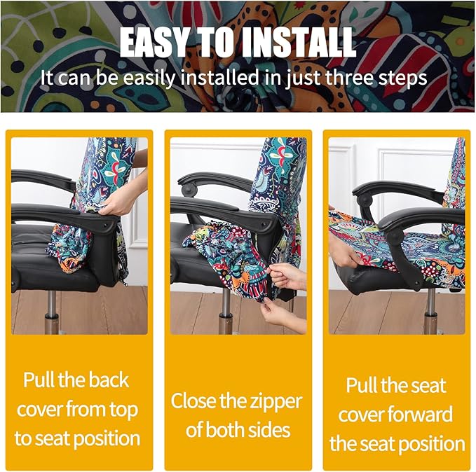 Smiry Stretch Printed Office Computer Desk Chair Covers, White | Universal Desk Rotating Chair Slipcovers Removable Washable, Soft Fit Anti-Dust Spandex Protector Cover with Zipper - Image 6