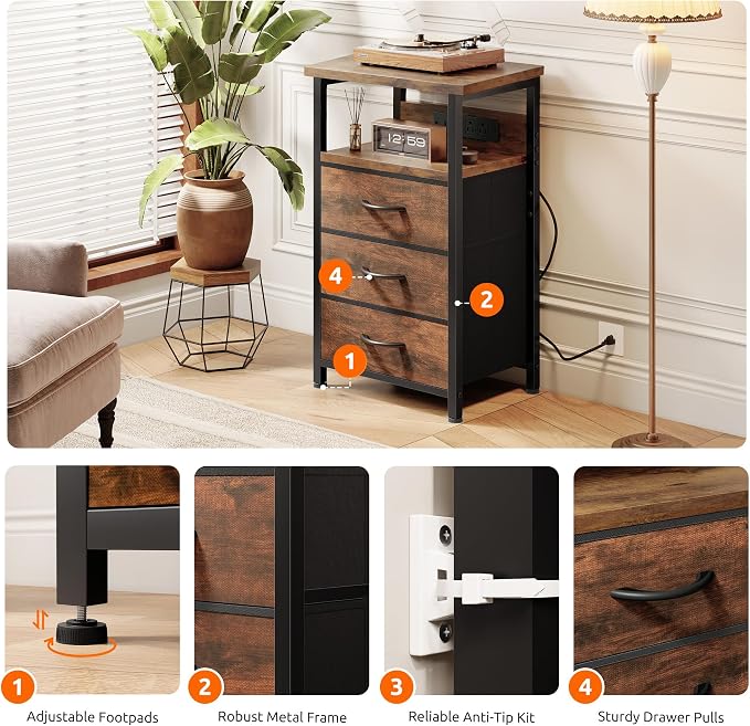 Lazzanto Night Stand with Charger Station, 3 Fabric Drawers, Brown - Image 7
