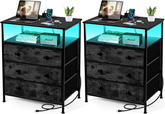 3-Drawer LED Nightstand Set 2 with Charging Station, Black by PATAVOT