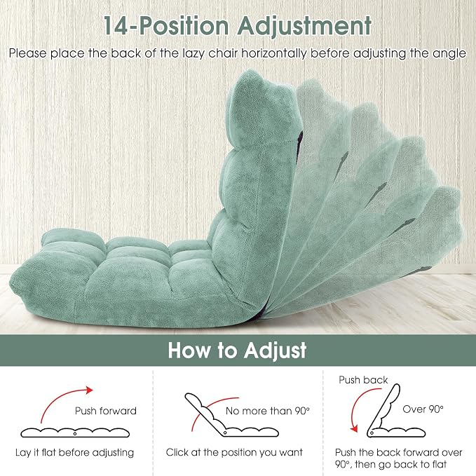 Folding Floor Chair with Back Support, Floor Seat, Lazy Sofa Chair | 14 Adjustable Position, Soft Coral Fleece, Thick Foam, Steel Frame Gaming Chair for Adults, Meditation, Living Room (Green) - Image 4