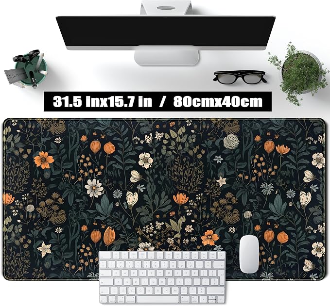 Cute Dark Floral Desk Mat Vintage Flowers Plant Mouse Pad XXL Large Extended Gaming Mousepad Women Office Decor Desk Pad, Big Laptop Computer Keyboard and Mouse Mat with Stitched Edges, 31.5x15.7 in - Image 2