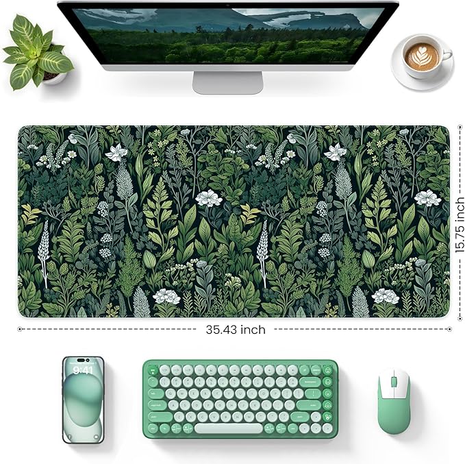 iCasso Desk Mat, Big Desk Pad,XXL Gaming Mouse Pad, Dark Green | 35.4x15.7in Mouse Pad for Desk Rubber Base Mousepad with Stitched Edges,Keyboard Mouse Mat - Image 2