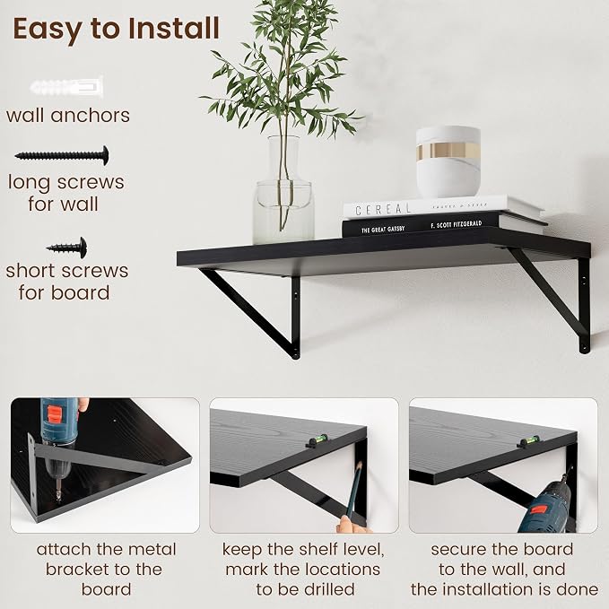 Axeman Deep Floating Shelves Black- 24 Inch Wide x 12 Inch Deep Wall Shelves Set of 2 - Black Wood Wall Shelves for Living Room Bedroom Laundry Room - Image 6