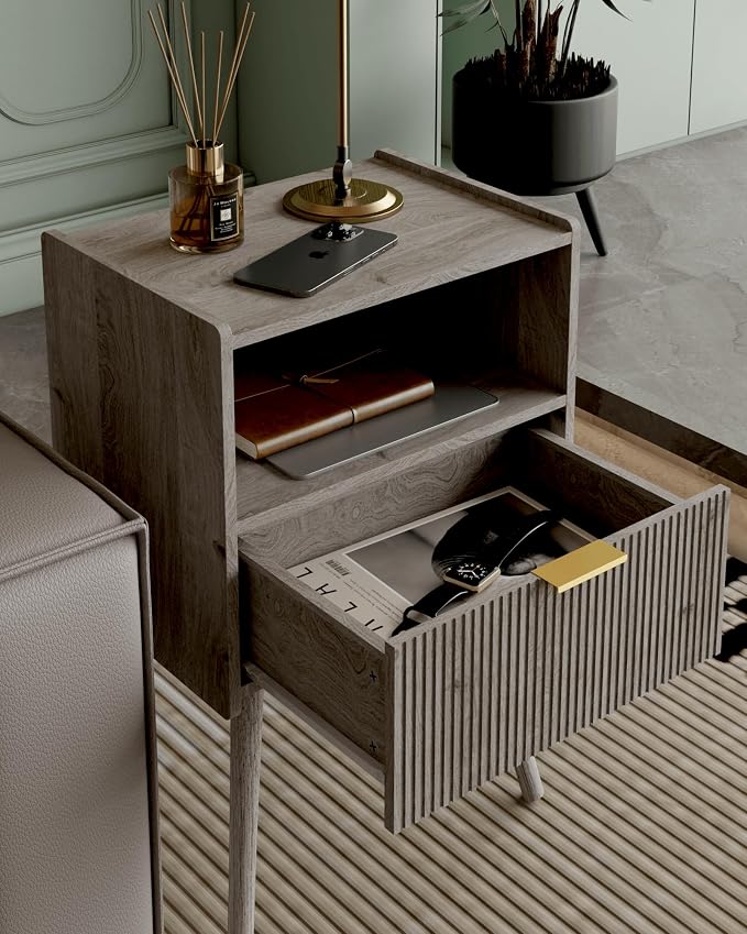 Veegle Nightstand,Modern Bedside Table with Storage Drawer and Open Wood Shelf, Accent Night Stand with Solid Wood Legs for Living Room, Bedroom and Small Spaces,Easy Assembly (Grey Oak) - Image 4