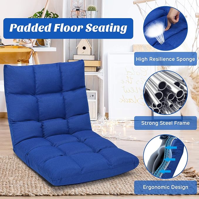 Giantex Adjustable Floor Gaming Sofa Chair 14-Position Cushioned Folding Lazy Recliner High Resilience Sponge, Breathable Cotton & Linen Fabric Sleeper Bed Couch Recliner (Navy) - Image 7