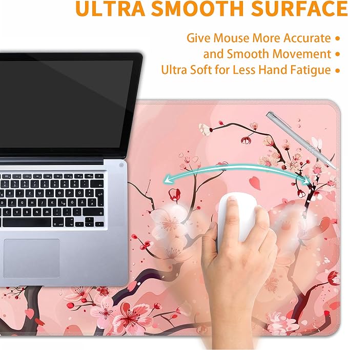 Pink Cherry Blossom Desk Mat, XXL 35.4"x15.7" Large Mouse Pad, Cute Sakura Extended Gaming Mouse Mat,Non-Slip Rubber Base Waterproof with Stitched Edges for Gaming Office Home Decor - Image 5
