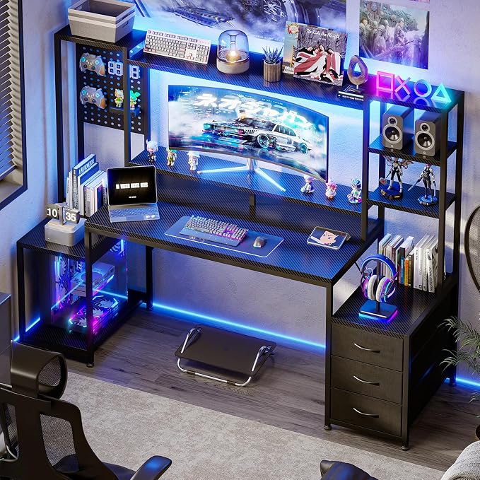 AODK 67 Inch Gaming Desk with Display Shelves, 3 Drawers, LED Lights, Hutch | Large Computer Desk with Pegboard & PC Shelf & Storage Shelves, Reversible Office Desk for Home, Carbon Fiber Black - Image 7