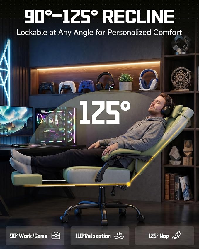 GTPLAYER Big & Tall Gaming Chair, Wide Seat with Footrest, Green | Ergonomic High Back Computer Desk Chair for Adults, Comfort Padded Seat with Lumbar Support Armrests Recliner for Office/Home - Image 6
