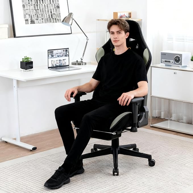 Symino Gaming Chair, High Back Ergonomic Office Chair with 2D Adjustable Armrests, 150° Recline, Breathable Faux Suede, Adjustable Headrest & Footrest for Home Office - Image 8