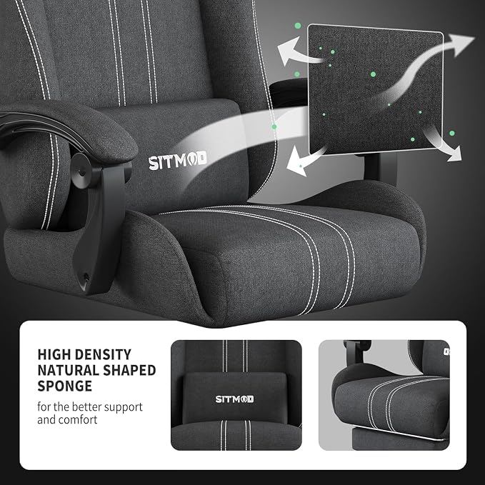 SITMOD Big Tall Fabric Gaming Chair with Footrest, Reclining Computer Chair | Breathable Fabric, Pocket Spring Cushion, High Back Support & Lumbar Pillow Deliver Lasting Comfort For Gaming, Work & Relax - Image 4