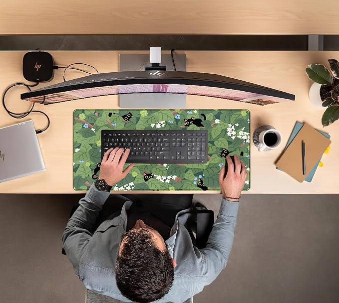 Kawaii Anime Aesthetic Black Cat Forest Plant Desk Mat, Green Sage XXL Large Extended Mouse Pad Gaming Cute Cats Desk pad, Laptop Keyboard and Mouse Mat for Women Desktop Office Decor 31.5x15.7 in - Image 7