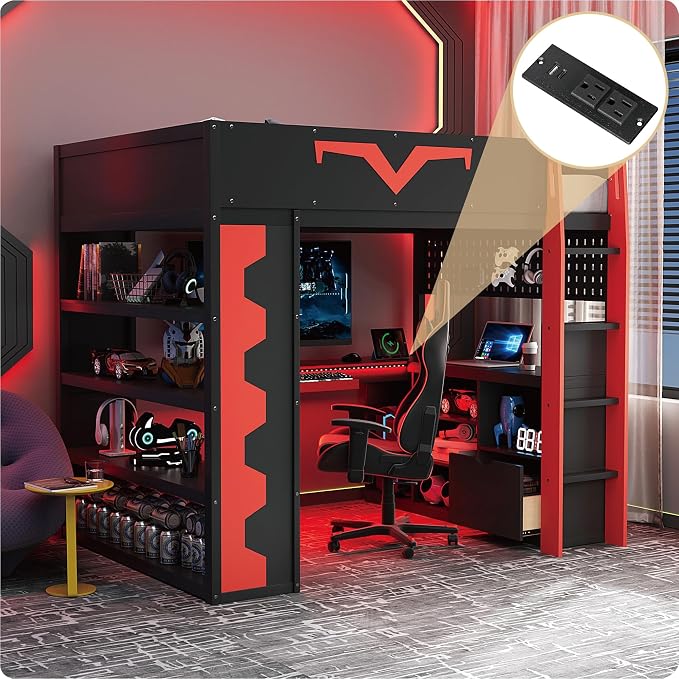 Merax Full Size Gaming Loft Bed with Desk and RGB LED Lights, Pro-Gamer Bed with Power Outlet, Large Bookshelf, Pegboard, Keyboard Tray & Drawer, Red - Image 4