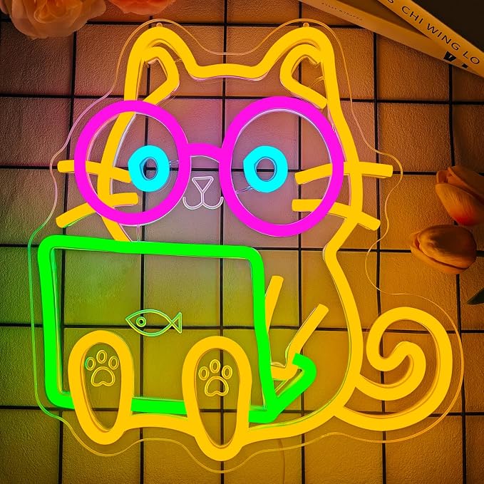 Nerd Cat Neon Sign Technical Support Cat Led Sign Dimmable Kitten with Glasses Playing Laptop Computer Neon Lights Funny Gift for Programmers Cat Lovers - Image 4