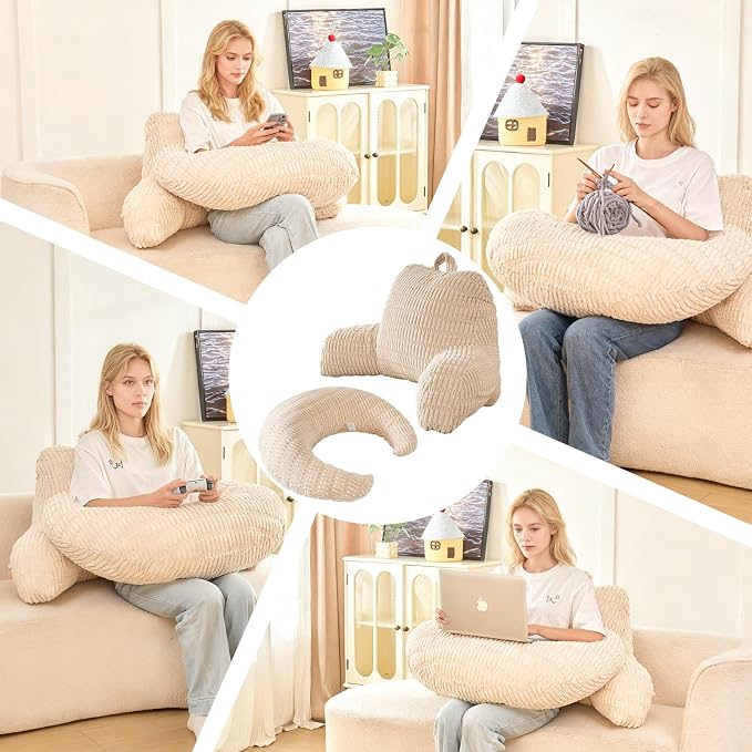 19" Reading Pillow for Bed,U Shaped Arm & Elbow Support,White Corduroy | Backrest Supports Back,U Shaped Lap Pillow Cushions Arms,Elbows & Wrists,Ribbed Corduroy for Reading,Gaming,Watching TV - Image 5