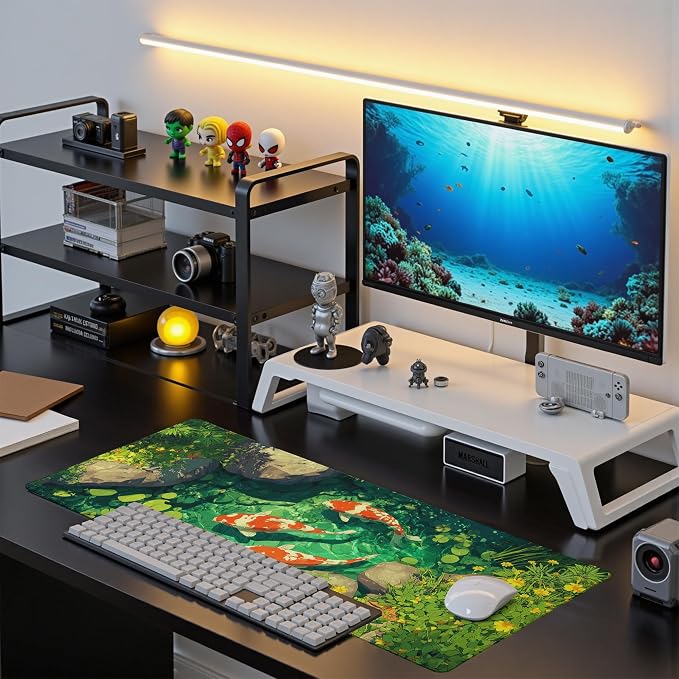 Fish Art Mouse Pad Green Desk Mat XL Mouse Gaming Pads, Fish Keyboard Pads Extra Large Desktop Computer Mats with Non-Slip Base & Stitched Edges, Vintage Office Decor 31.5x11.8 - Image 7
