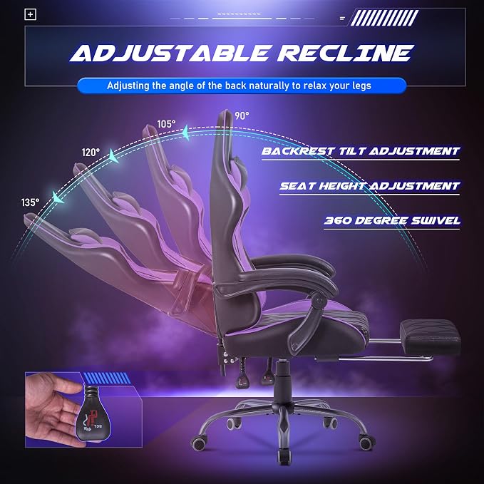 Homall Gaming Chair, Computer Chair with Footrest and Massage Lumbar Support, Ergonomic High Back Video Game Chair with Swivel Seat and Headrest (Purple) - Image 6