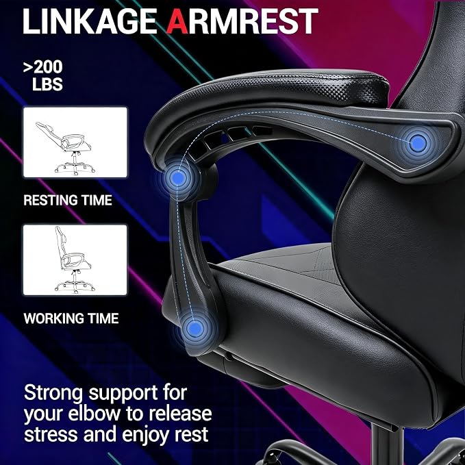 Gaming Chair with Footrest for Adults, PU Leather Massage Racing Video Game Chair with Lumbar Support for Men Women, Ergonomic Computer Chair for Home Office, Height Adjustable, Black - Image 5