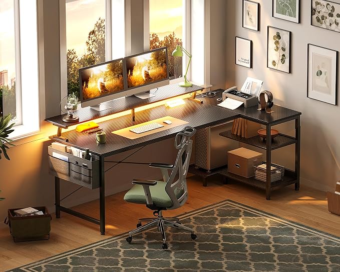ODK 66 Inch L Shaped Gaming Desk with LED Lights, Power Outlets, Black - Image 9