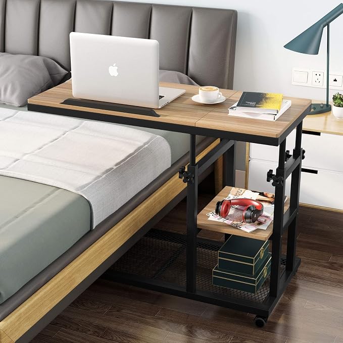 Tribesigns Height Adjustable C Table with Wheels, Mobile Couch Snack Side Table with Tiltable Drawing Board, Sofa Bedside Laptop Stand C Shaped TV Tray with Storage Shelves (Black+Oak) - Image 3