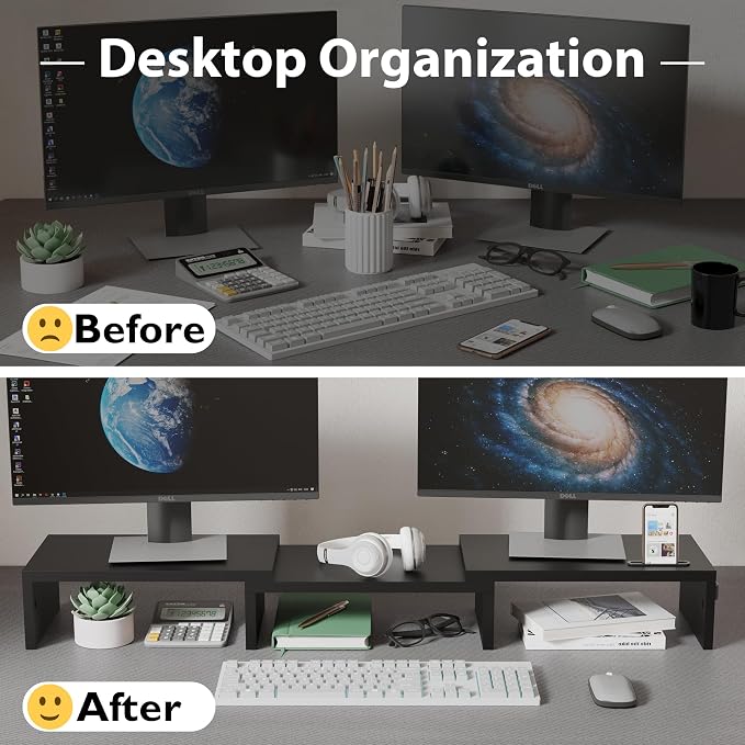 BONTEC Dual Monitor Stand Riser, Adjustable Length & Swivel Angle, Black | Ergonomic Wooden Desktop Organizer with Smartphone Holder, Computer Monitor Stand for PC, Laptop,Printer and Large Storage - Image 2