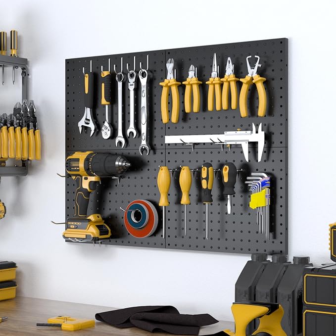 Spampur Peg Board, 4 Pack Metal Pegboard Panels with 50 Hooks, Black Pegboards Wall Organizer, Heavy Duty Peg Board for Walls Home, Garage Tool Storage, Office Organization, Craft Room, Kitchen - Image 2