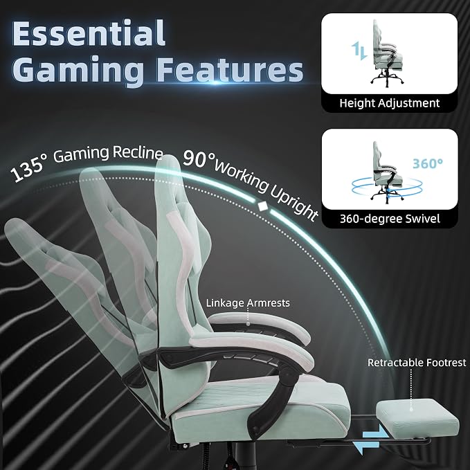 Gaming Chair for Adults, Fabric Gaming Chair with Footrest and Pocket Spring Cushion, Ergonomic Gamer Chair with Lumbar Support, Reclining Computer Gaming Chair with High Back, Light Green - Image 7
