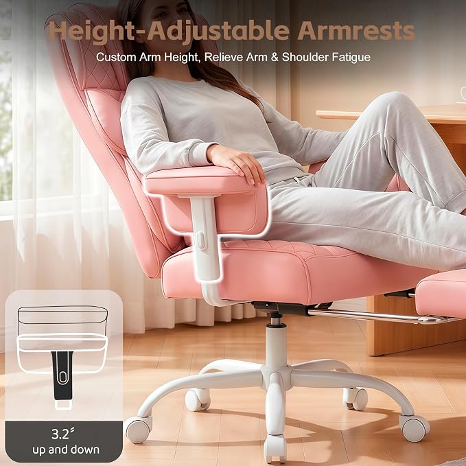 Vonesse Office Chair, Desk Chair with Soft Adjustable Armrests, Ergonomic High Back Gaming Chair with Lumbar Support, Executive Computer Chairs with Footrest (PU Leather, Pink) - Image 4