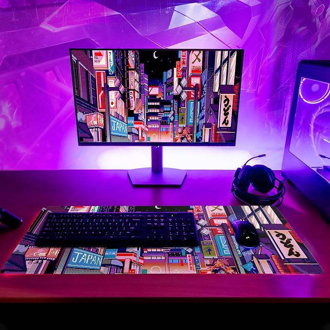 Dark Purple Japanese Gaming Mouse Pad Abstract Anime Mat 27.6x11.8 Inch Tokyo Pixel Street Texture Non-Slip Rubber Base Kawaii Mousepad Stitched Edges Keyboard Desk Pad for Office and Home Game - Image 6