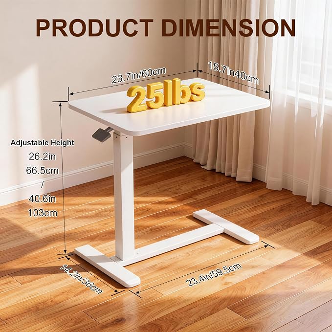 Overbed Table with Pneumatic Height Adjustment, Hidden Casters Rolling Bedside Table, Hospital Bed Table Mobile Laptop Standing Desk for Hospital Home Use, White - Image 3