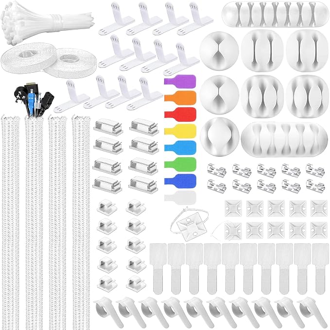 193 PCS Cable Management Kit - 4 Cable Sleeve, 57 Self Adhesive Cable Clips, 12 Hanging Strips, 12 Cable Organizer Straps and 100 Fastening Cable Ties for TV Computer Under Desk (White) by Unknown