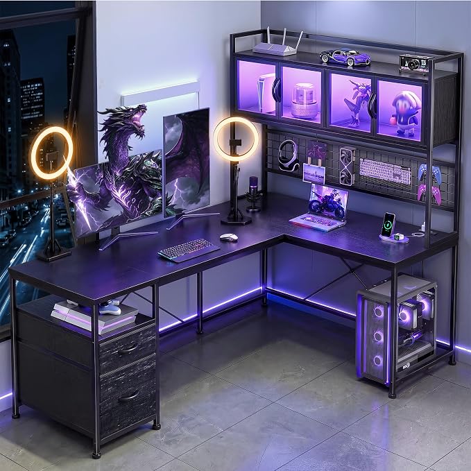 DurayLoly 67" L Shaped Gaming Corner Desk with LED Light, Hutch,Black | Reversible Computer Desk with 2 Drawers,Storage Shelves,Pegboard with 3 Hooks,Power Outlet for Home Office,Bedroom - Image 5