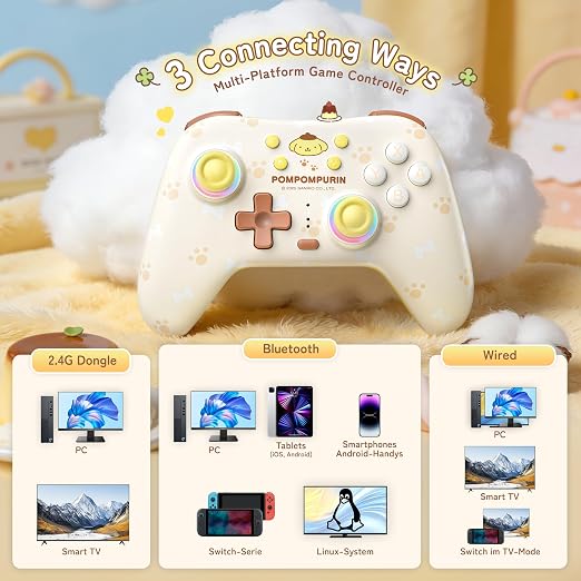 Kuitmor Pompompurin Switch Pro Controller, Cute Hall Effect Wireless Gamepad No Drift for Switch 2/Switch/OLED/Lite, PC/Steam, Android, iOS, Bluetooth + Wired, Turbo, Back Buttons, 6-Aixs Gyro, Wake-up, RGB (Yellow, Without 2.4g Receiver) - Image 2