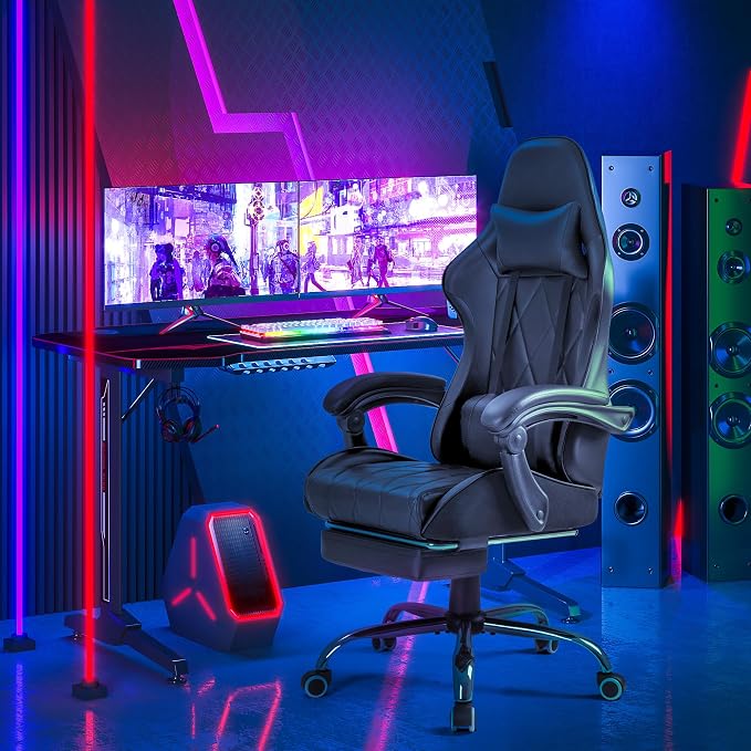 Homall Gaming Chair, Computer Chair with Footrest and Massage Lumbar Support, Ergonomic High Back Video Game Chair with Swivel Seat and Headrest (Dark Black) - Image 2