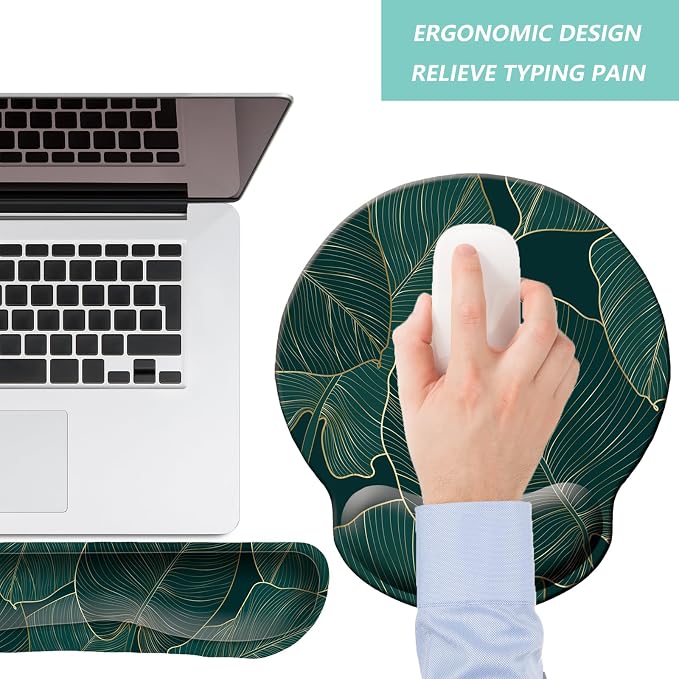 Keyboard Wrist Rest Pad Mouse Pad with Wrist Support Set of 3, Mousepad with Non-Slip Rubber Base, Ergonomic Memory Foam Mouse Wrist Cushion Support for Home Office Laptop Computer, Green Leaves - Image 7