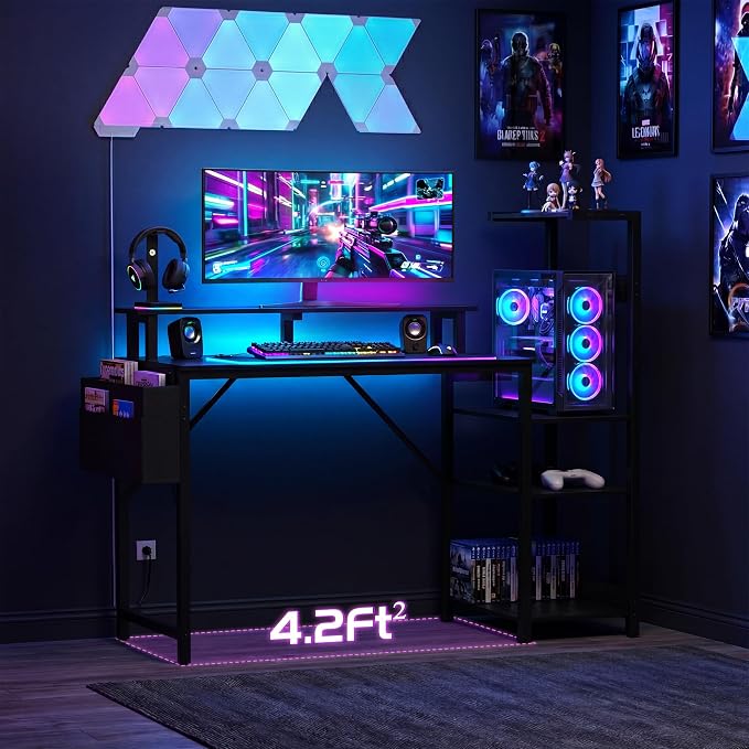 Gaming Desk 43 Inch Computer Table with Storage Shelves & Monitor Stand - Image 2