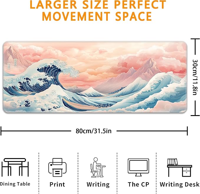 Japanese Sea Wave Desk Mat, XL 31.5"x11.8" Large Mouse Pad, Pink Clouds Extended Gaming Mouse Mat,Non-Slip Rubber Base Waterproof with Stitched Edges for Gaming Office Home Decor - Image 3