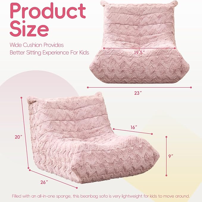 Hobestluk Small Bean Bag Chair Fireside Floor Chair BeanBag Couch Togo Sofa | Ergonomic Design,Memory Foam,No Assembly,Faux Fur Comfy Lounger with Back Support for Gaming Classroom | Pink Chevron Small - Image 2