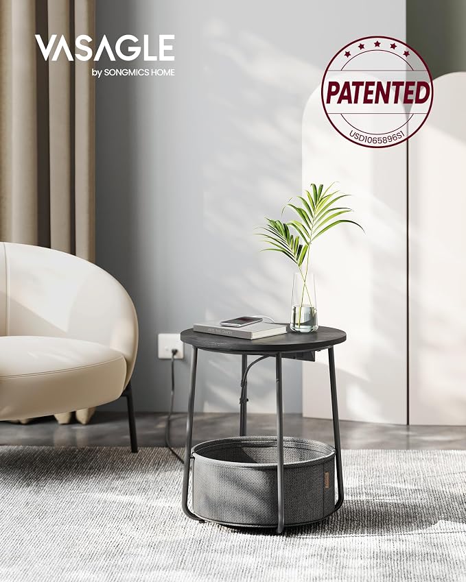 VASAGLE Side Table with Charging Station,Fabric Basket, Round End Table - Image 2