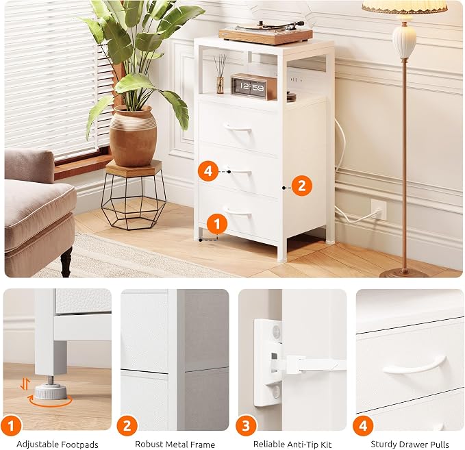 Lazzanto Night Stand with Charger Station, 3 Fabric Drawers, White - Image 6