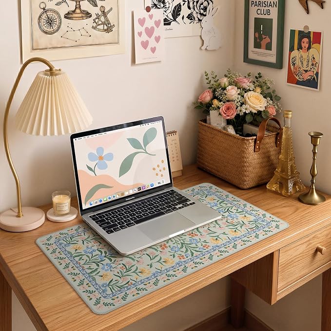 iCasso Aesthetic Flower Mouse Pad,23.6x13.7in, Green Floral | Desk Pad Mat, Desk Matt for Desktop Anti-Slip Mousepad with Stitched Edges for Laptop Computer Keyboard - Image 6
