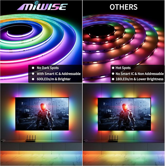 MIWISE RGB Smart IC COB LED Strip Lights Chasing Color, USB LED Strip Light Addressable, Rainbow Effect with Music Sync, App Control, Compatible with Alexa and Google for TV, Bedroom, Cabinet, 9.84ft - Image 8