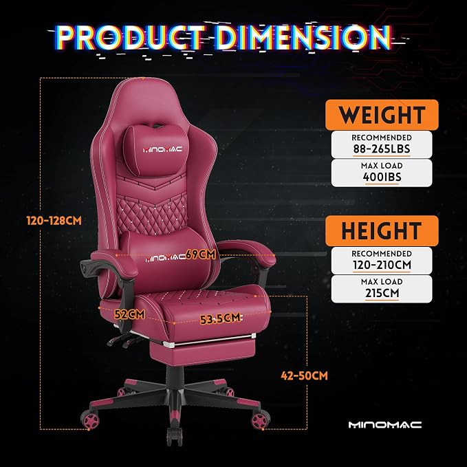 Gaming Chair,Big and Tall Gaming Chair 400lbs Office Chair with Footrest, 90-155° Recline & Removable Headrest Lumbar Support[Spring + 4D Sponge] (RED) - Image 3