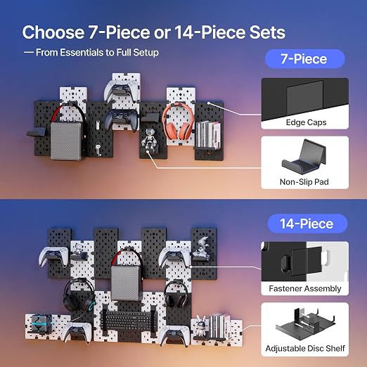 PEGZONE Controller and Headphone Holder Wall Mount, 14pcs, Black & White | Modular Gaming Pegboard with Accessories, Controller Stand, Disc Shelf Organizer - Image 3