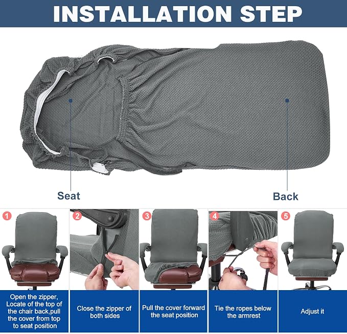 NeColorLife Office Chair Cover with Armrest Covers,Large,Gray | Stretch Thick Jacquard Fabric Fits Most High-Back Executive and Desk Chairs; Machine Washable,Includes 2 Armrest Covers - Image 5