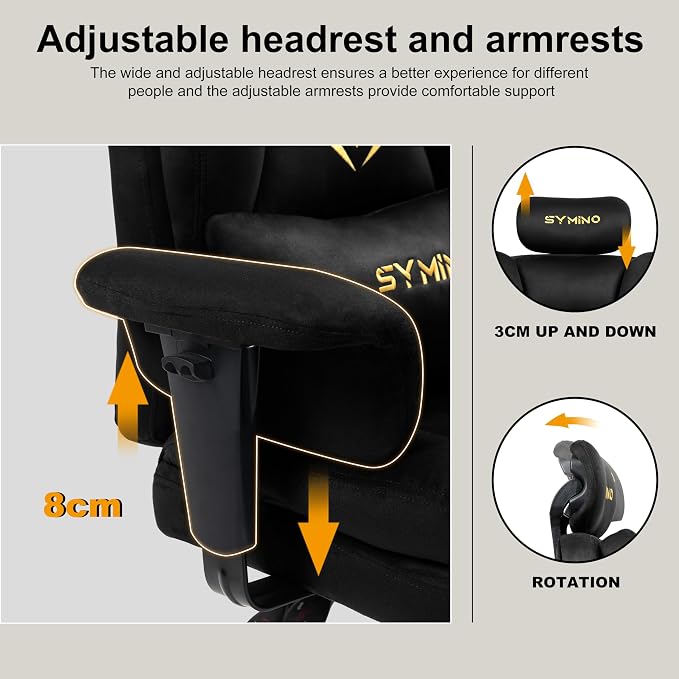 Symino Gaming Chair with Footrest, Up/Down Armrests, Suede Fabric Ergonomic Office Chair, 150° Recline Computer Chair for Desk, Black - Image 7
